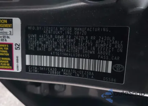 2020 Toyota Camry Se z USA, uszkodzony, nr VIN 4T1G11AK4LU384455